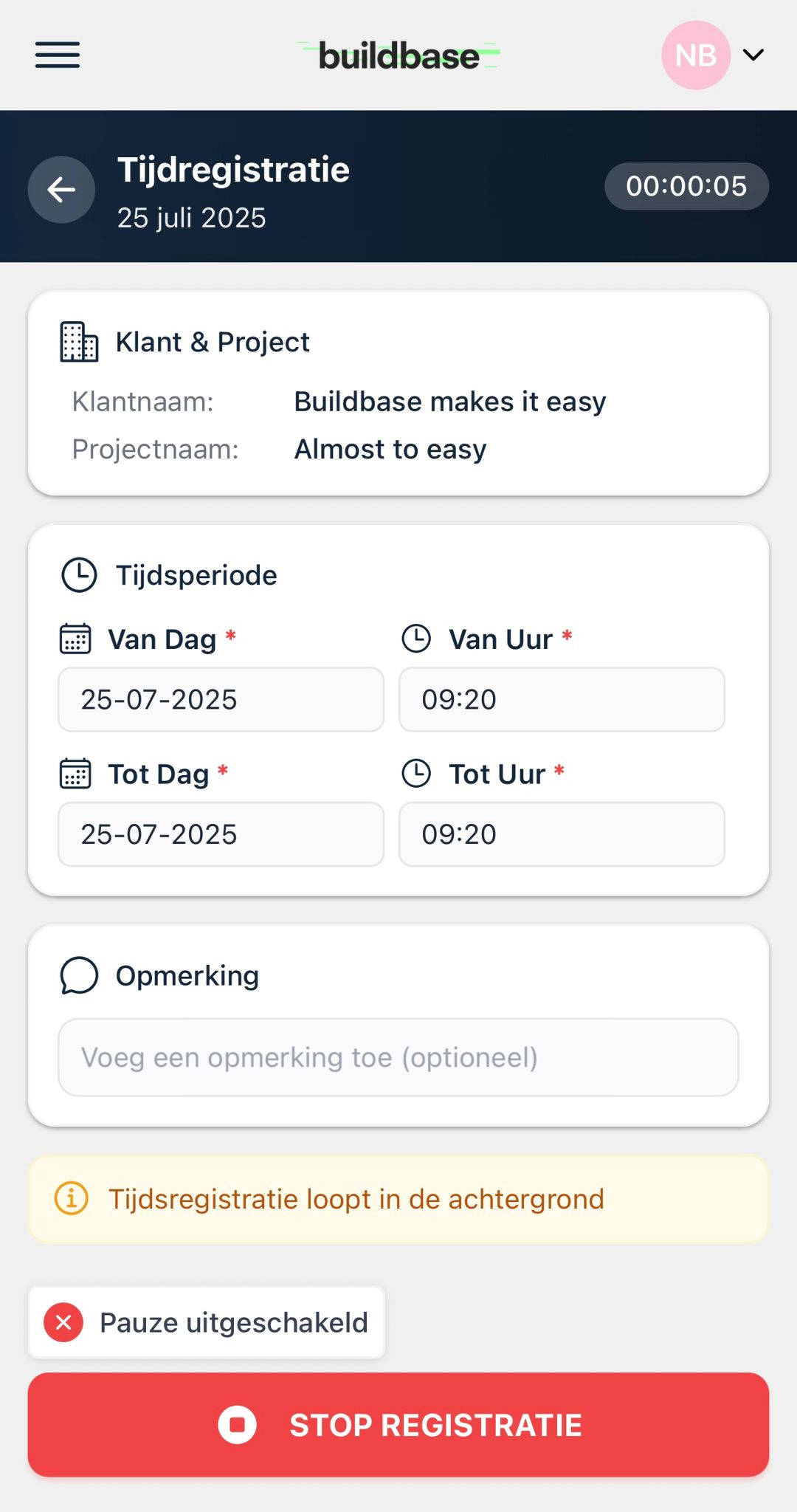 Tijdsregistratie app screenshot